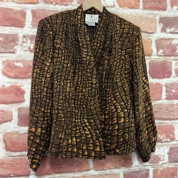 VTG Flora Kung Top Shirt Womens 10 Brown Black Abstract 100% Silk Casual Career - Picture 2 of 8